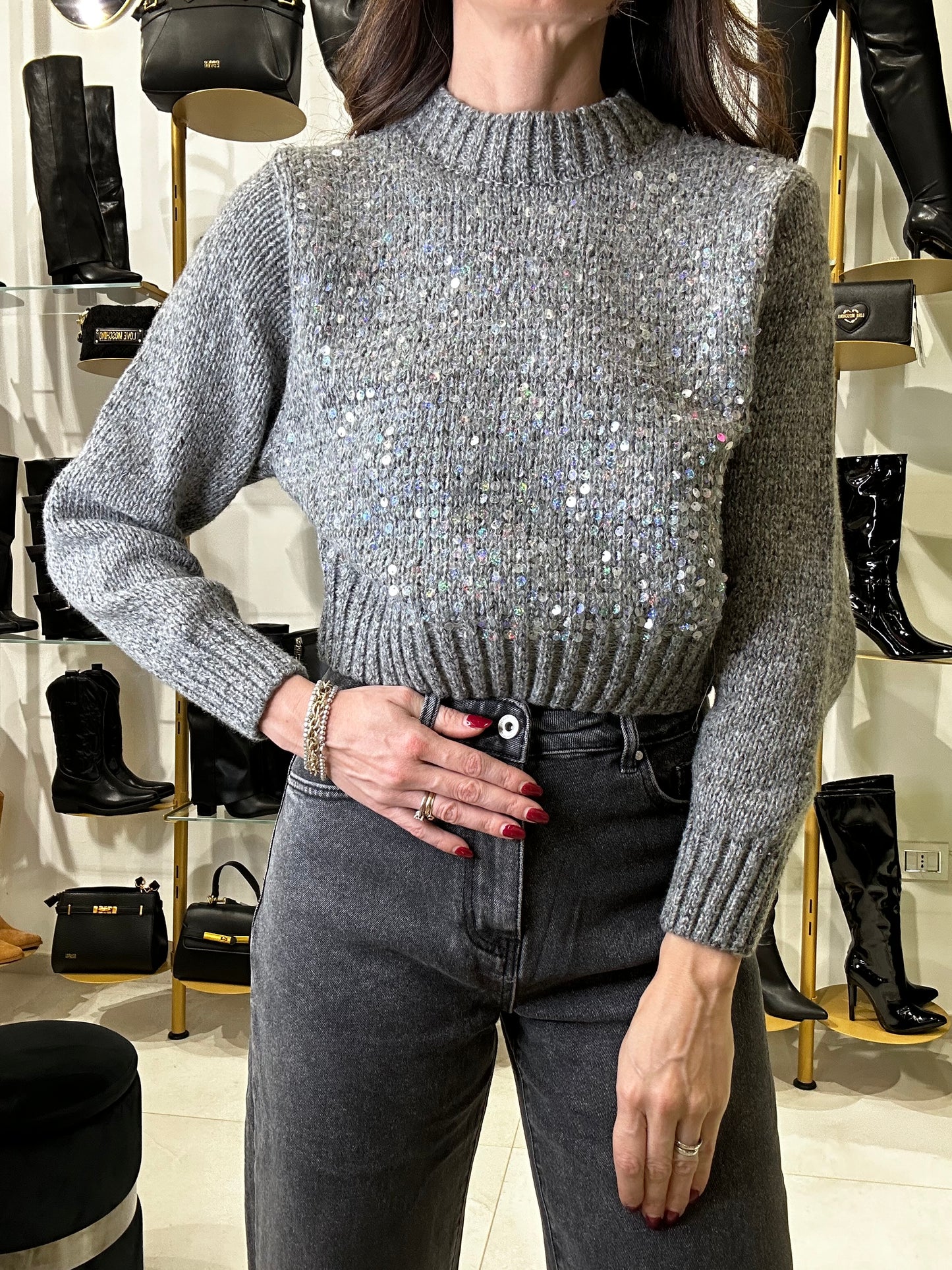 Maglione full glitter grigio