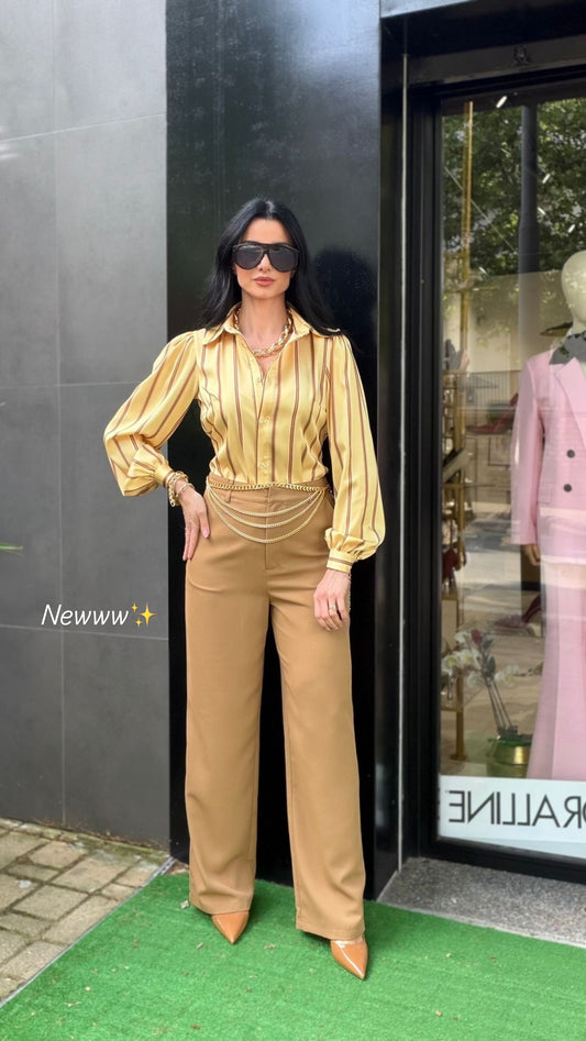 Camicia Sara gialla con righe marroni
