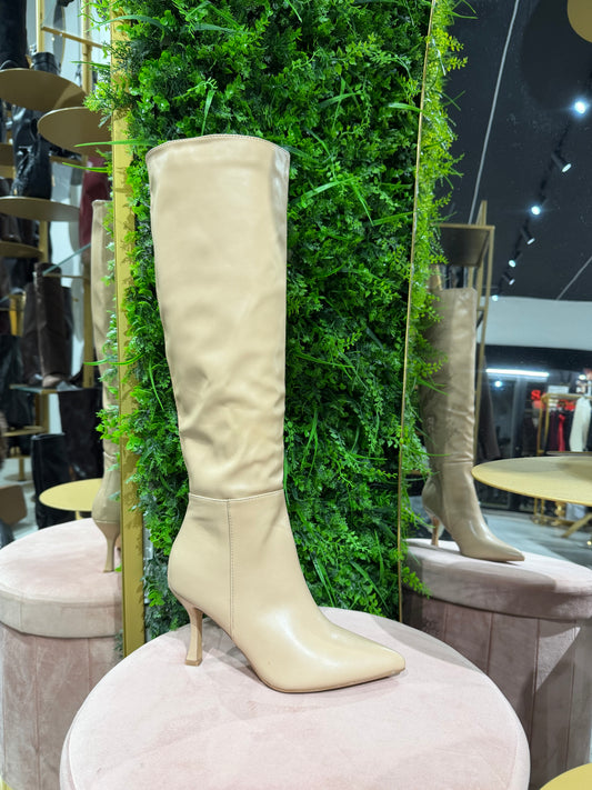 Stivali beige effetto pelle tacco a rocchetto, 9 cm